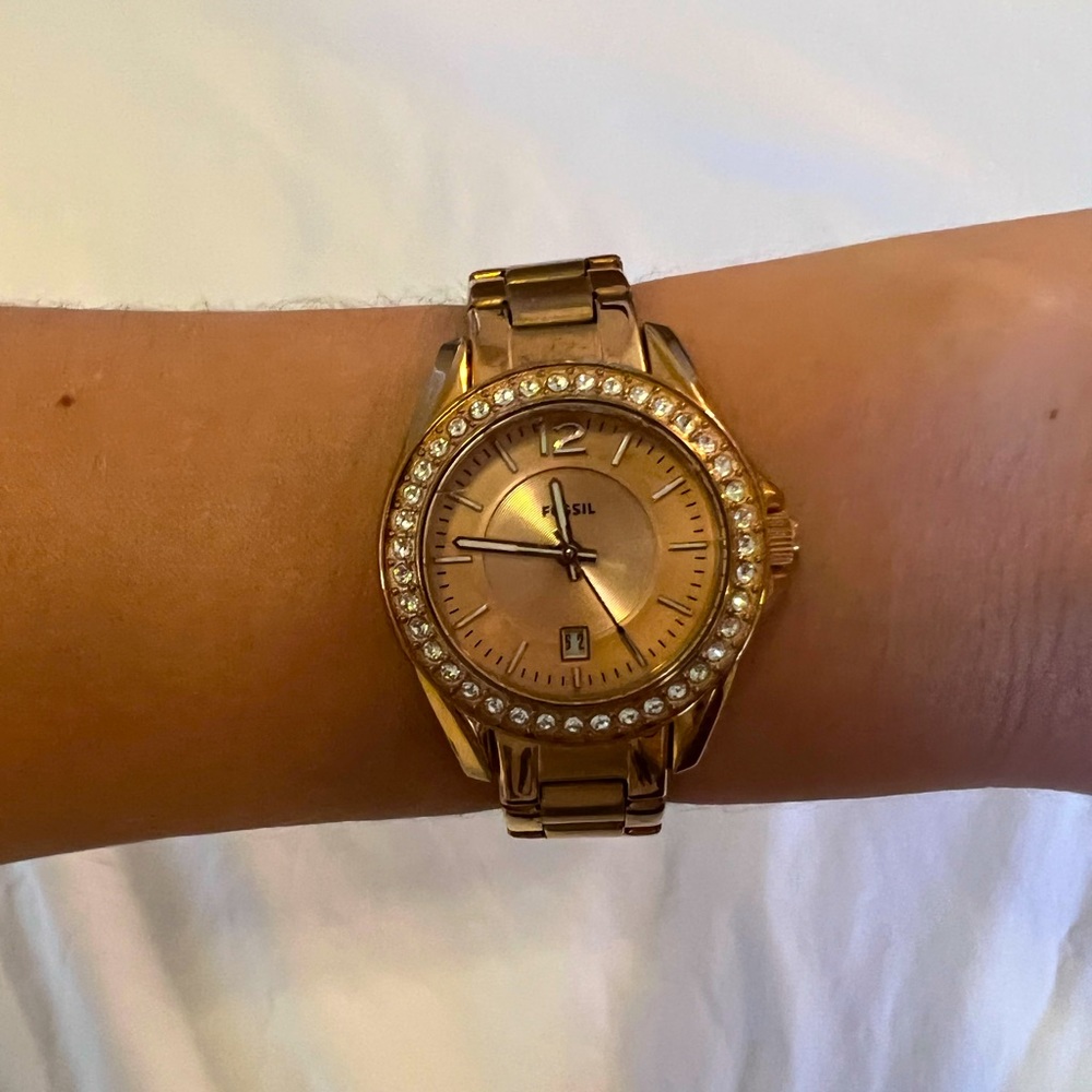 Gold Fossil Watch with Faux Diamond Detail